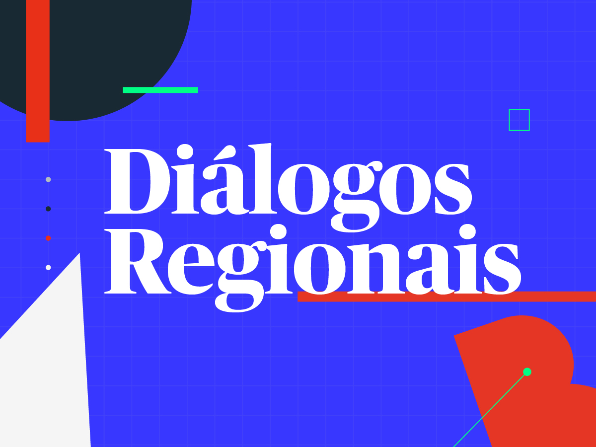 Imagem de cores azul e vermelha com os dizeres Diálogos Regionais escritos na cor branca
