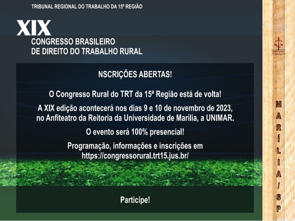INSCRIÇÕES NO CONGRESSO DE DIREITO DO TRABALHO RURAL TEM PREÇO ESPECIAL ATÉ 27/10