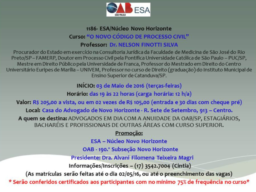 Curso:“o Novo Código de Processo Civil”